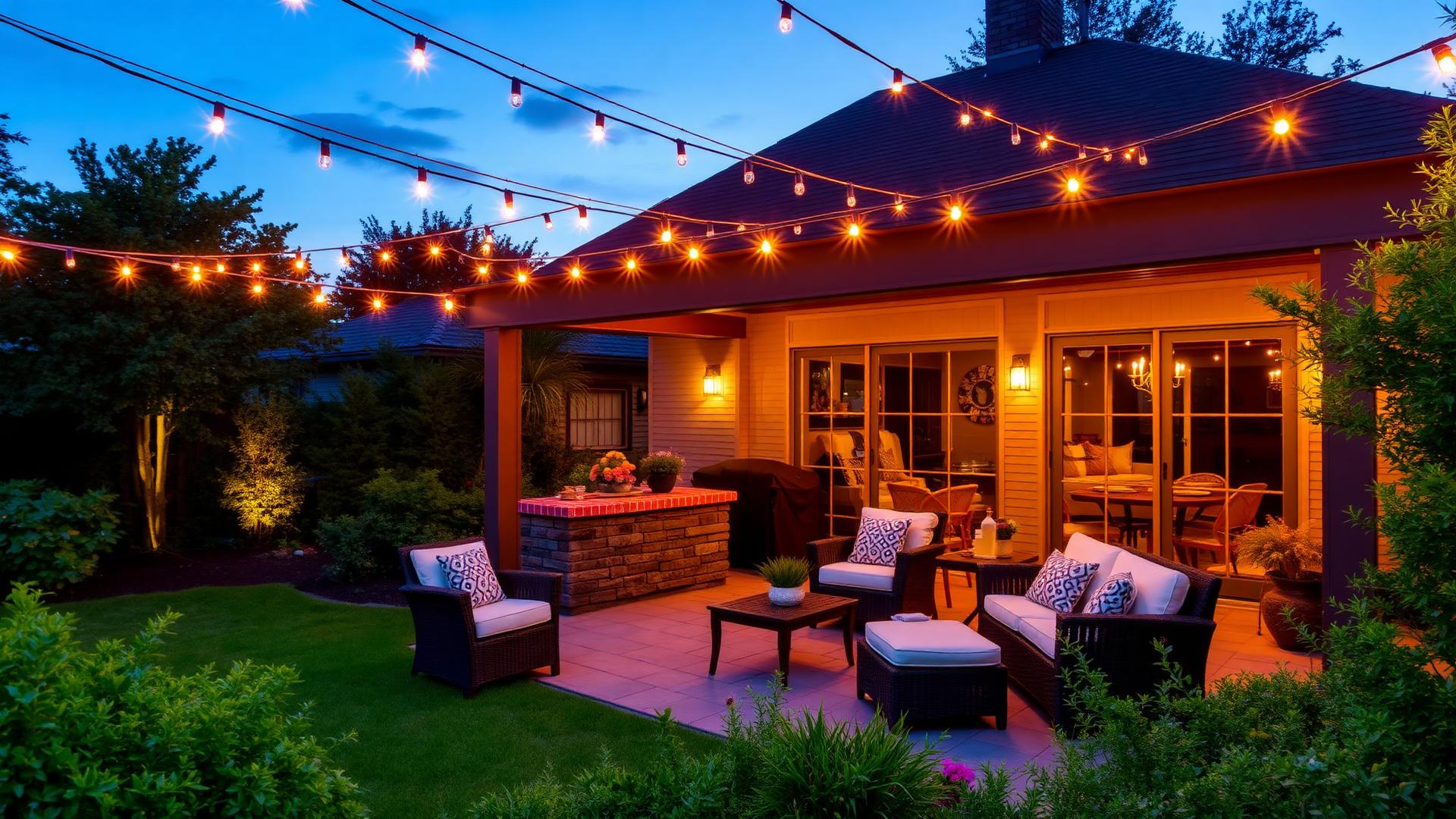 Luxury backyard patio glowing with warm bistro string lights at dusk